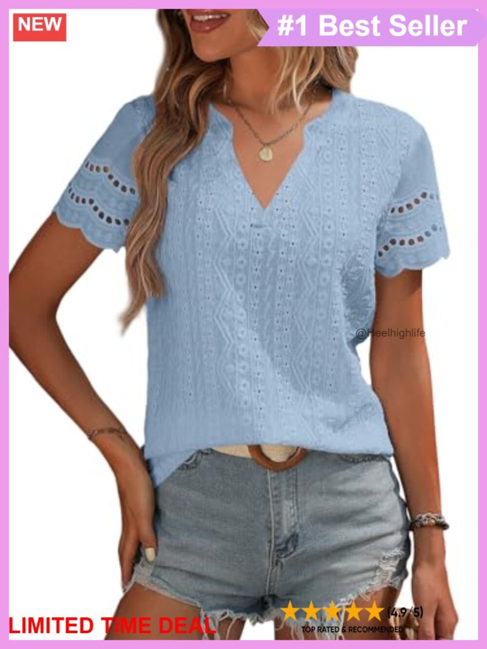 Womens Lace Eyelet Short Sleeve Blouse V Neck Casual Top